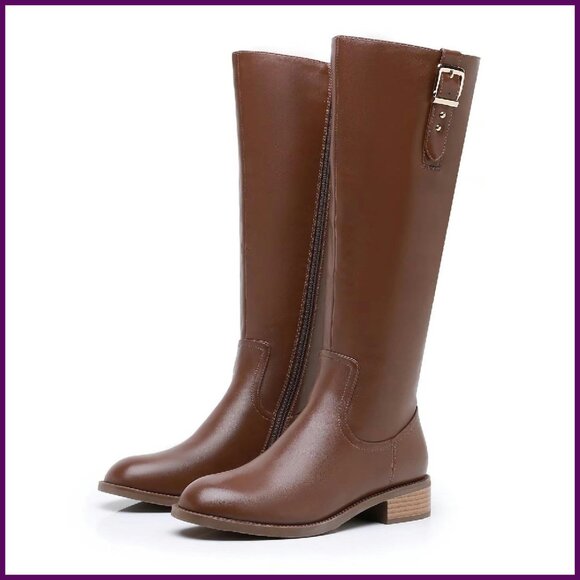 Knee High Riding Boots Faux Leather Zipper Low Chunky Heel